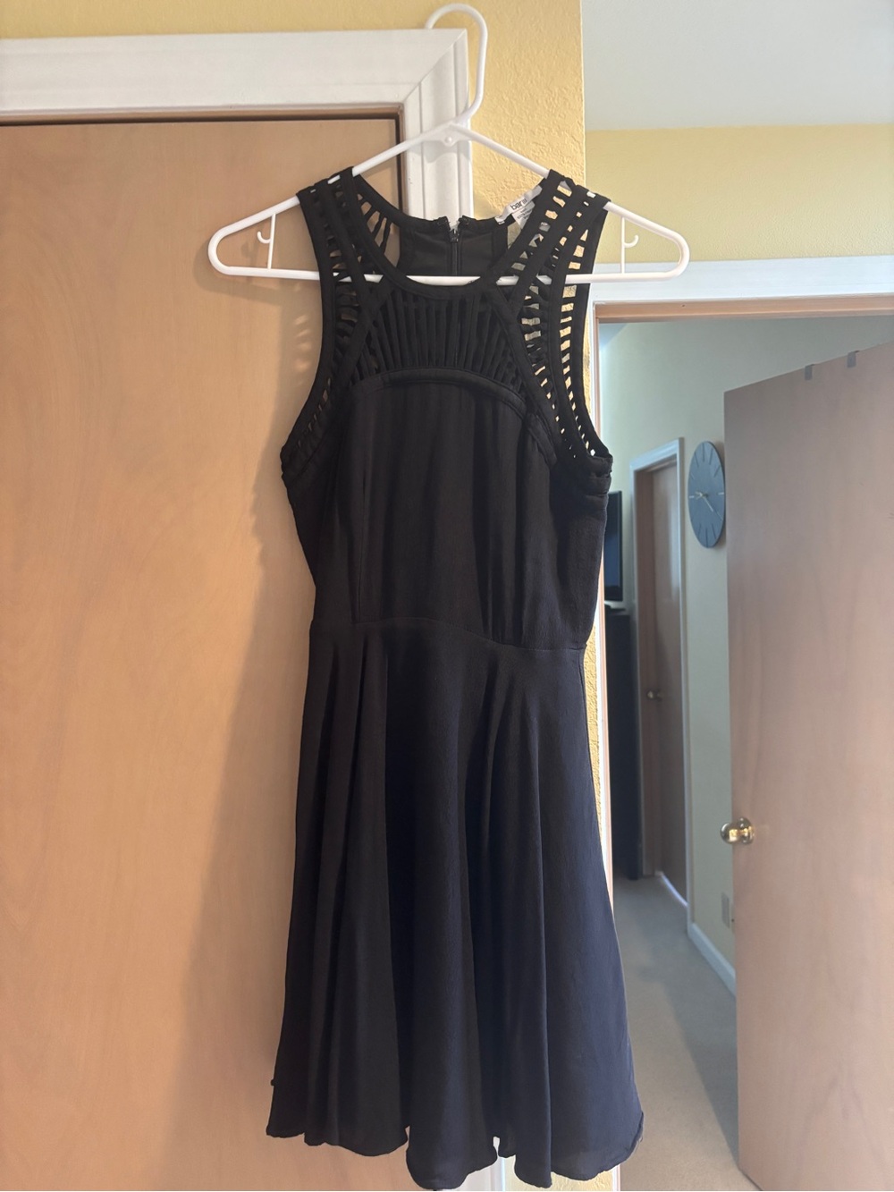 Bar III Black Sleeveless Crochet Yoke Skater Dress